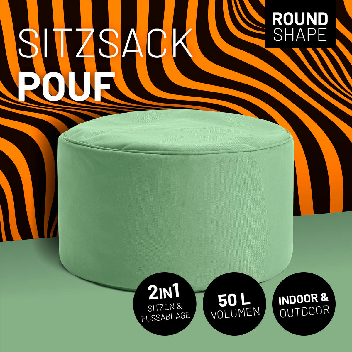 Sitzsack-Hocker/Pouf (50 L) - indoor & outdoor - Pastell Grün, leichter, vielseitiger Sitzhocker mit runder Form und pflegeleichtem Material.