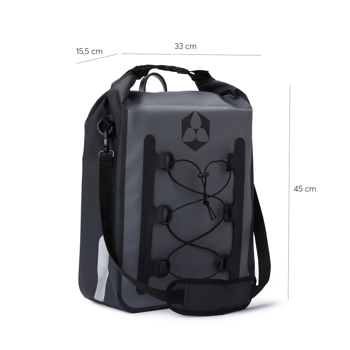 Fahrrad Gepäck Tasche wasserfest - Gepäckträger Packtasche - 23L - Grau mit reflektierenden Bändern, Schulterriemen und Tragegriff, wasserdicht.
