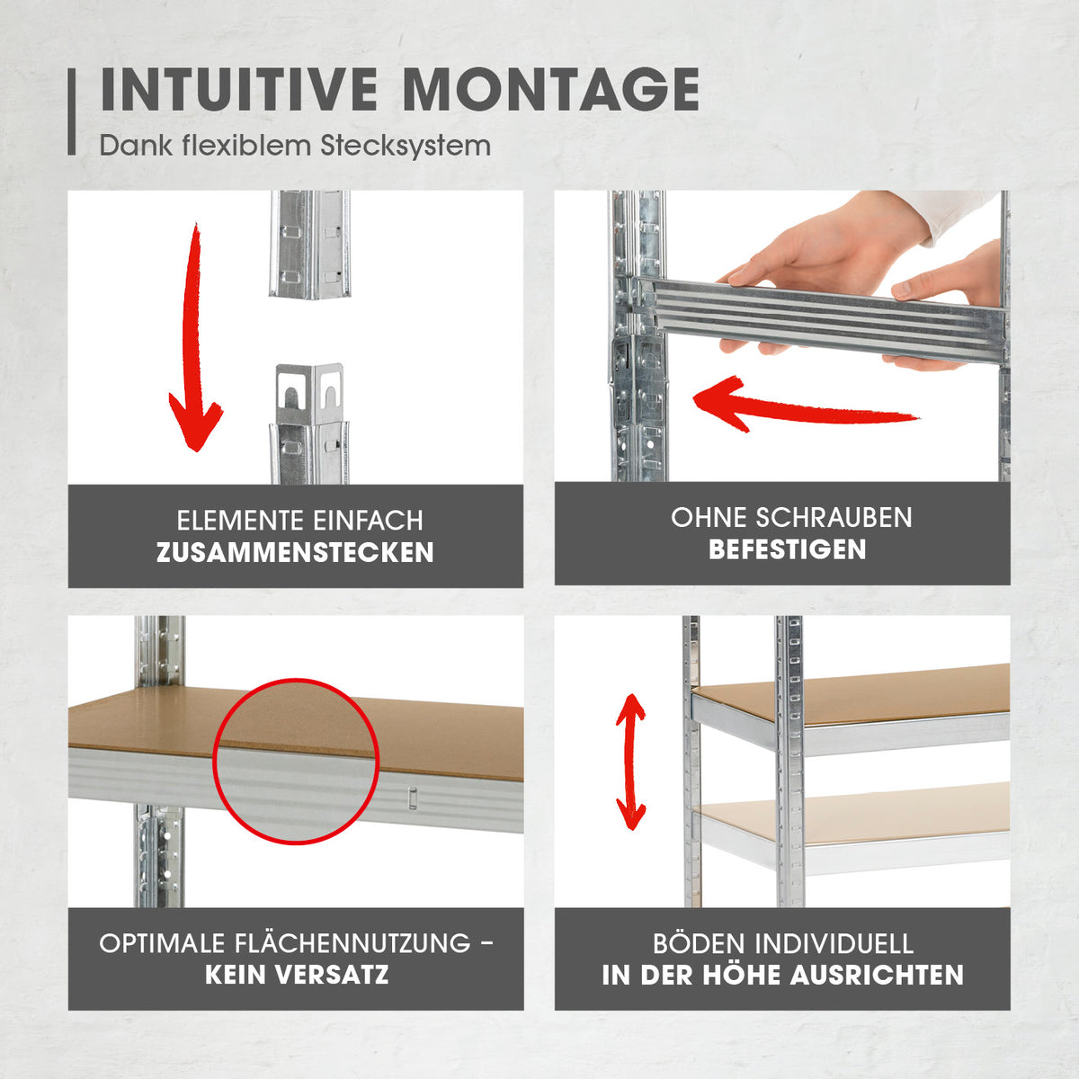 Schwerlastregal & Werkbank 2er-Set mit flexiblem Stecksystem, Metallkonstruktion und höhenverstellbaren Böden für einfache Montage.