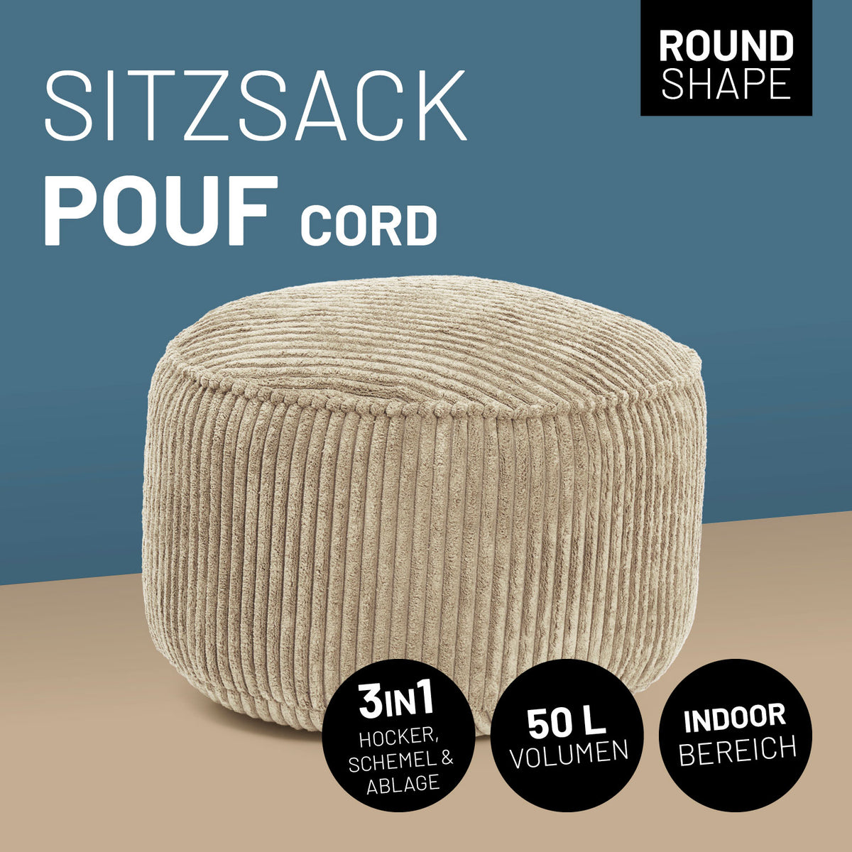 Sitzsack Pouf aus der Cord-Reihe - Beige, vielseitig als Hocker, Schemel und Ablage, mit weichem Rippenstoff für Innenräume.
