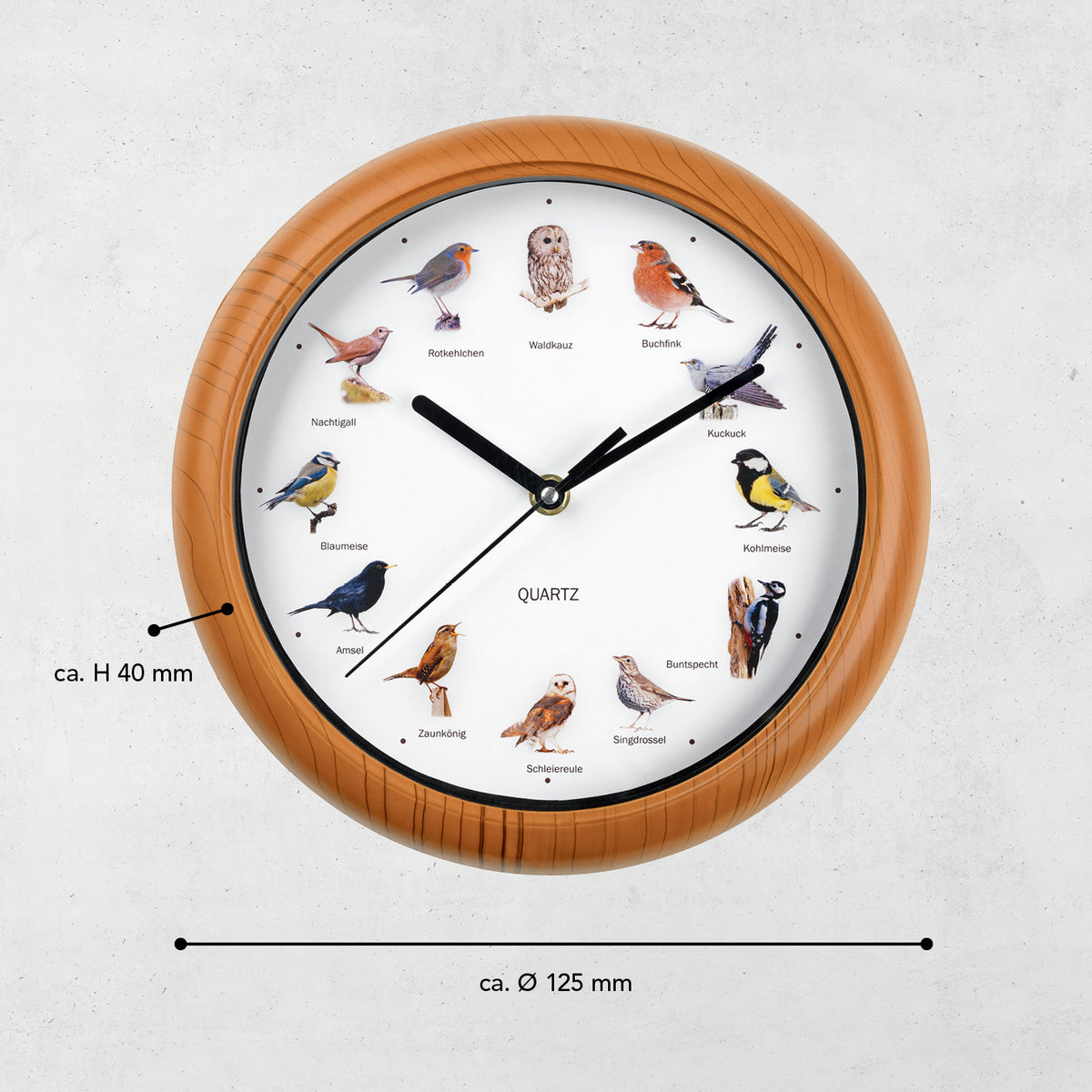 Wanduhr mit Vogelstimmen - 12 Singvogelstimmen, naturgetreue Vogelmotive, batteriebetrieben, automatische Abschaltung 21-5 Uhr, 25 cm Durchmesser.