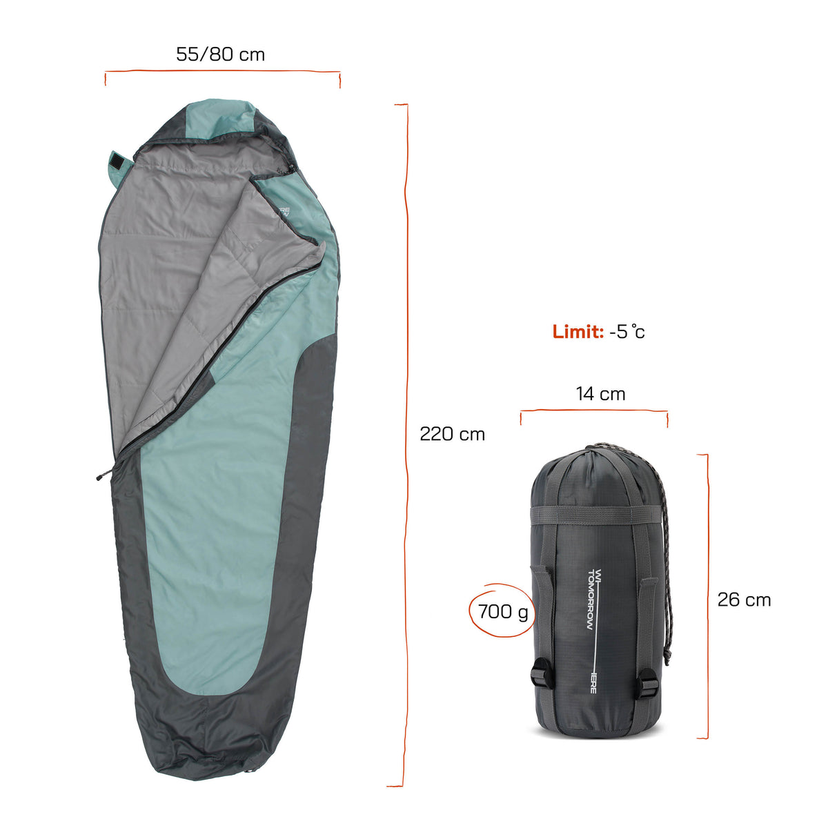 Schlafsack Small & Light - Mumienschlafsack hellblau-grau 220x80x50 cm, wasserabweisend, mit Packsack, bis -5°C geeignet.