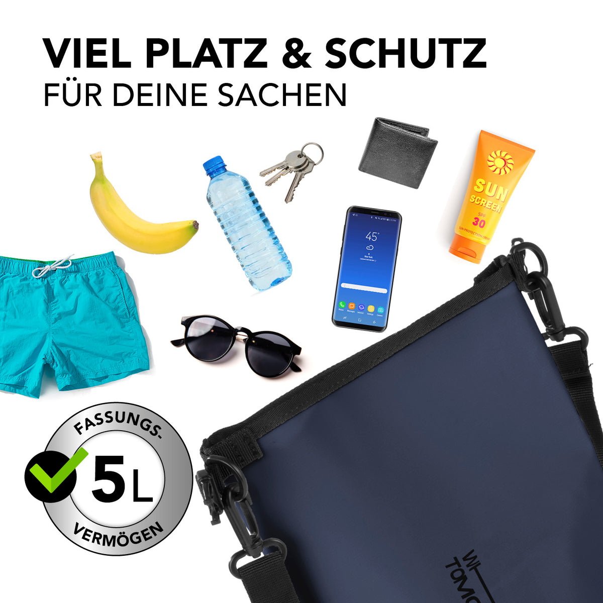 Dry Bag 5L - Style 02 - Dunkelblau wasserdichter Rucksack mit 5L Volumen für sicheren Schutz von Wertsachen bei Outdoor-Abenteuern.