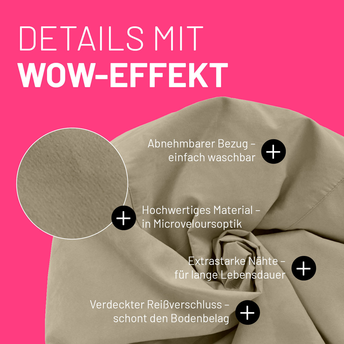 Luxury XL PLUS Sitzsack (220 L) beige mit abnehmbarem Bezug, Microveloursoptik, starken Nähten und verdecktem Reißverschluss.