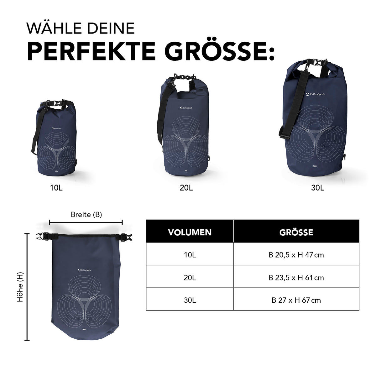 Dry Bag 10L - Dunkelblau mit wasserdichtem Rolltop, verstellbarem Schultergurt und robusten Schnallen für Outdoor-Abenteuer.