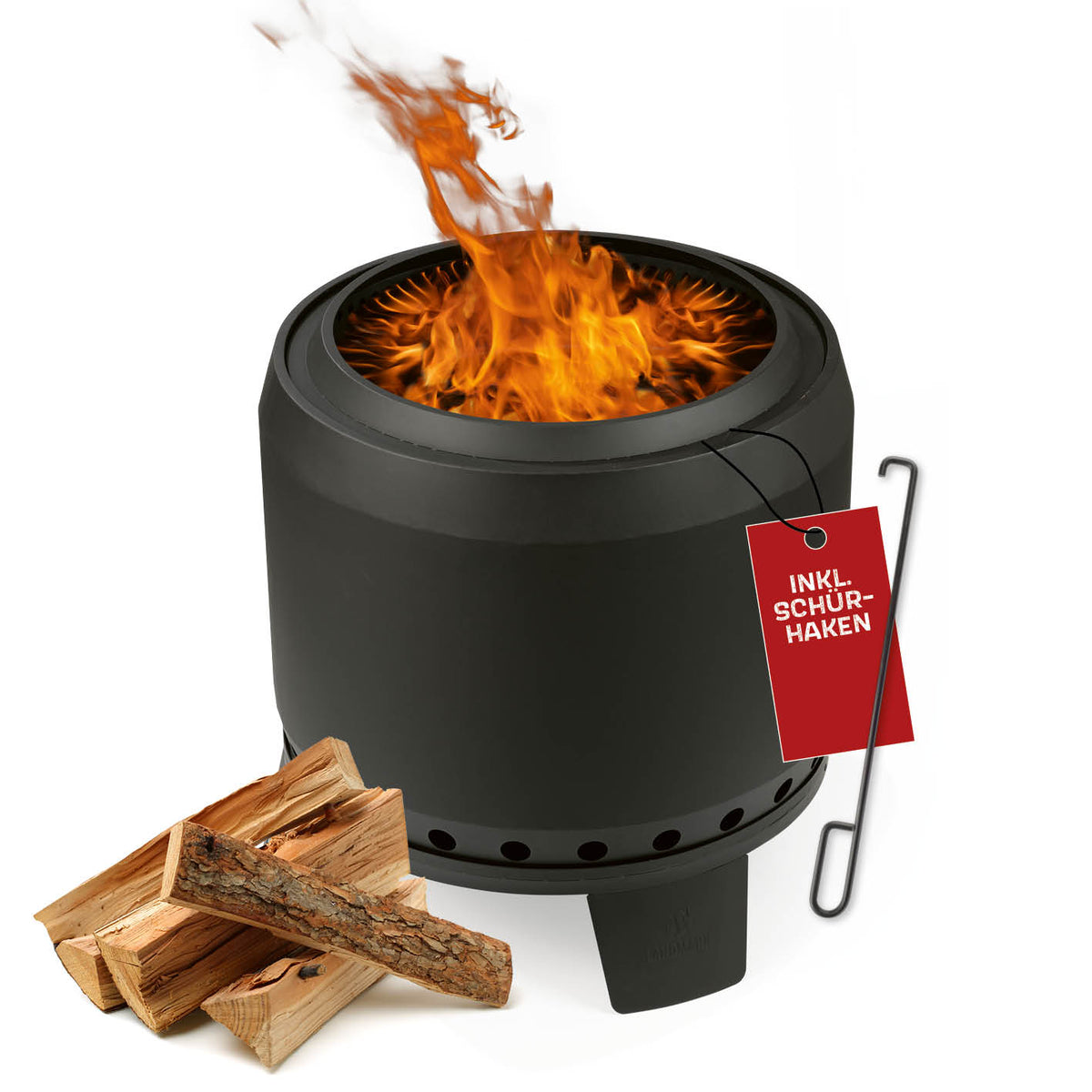 Raucharmer Feuerkorb Ø 60 cm - rund - schwarz mit 360° Luftzirkulation, Pulverbeschichtung, Schürhaken und stabilem Stand für Garten und Terrasse.