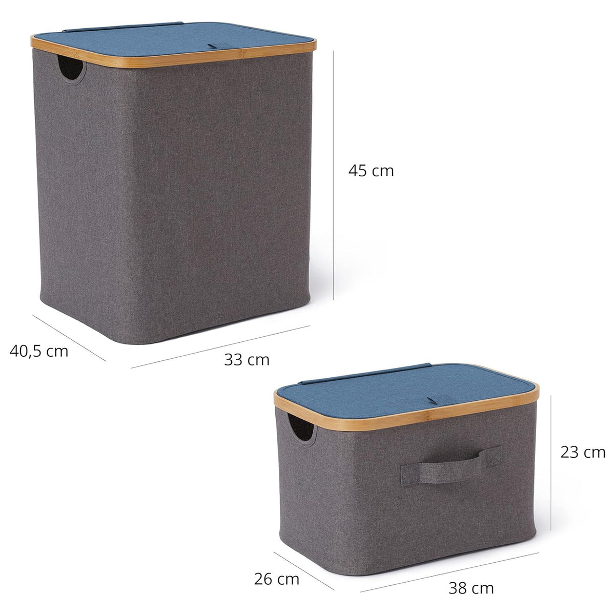 Aufbewahrungsbox mit Bambus-Rahmen - 3er-Set in Grau/Blau, faltbar, stabiles Material, verschiedene Größen für Ordnung und Stauraum.
