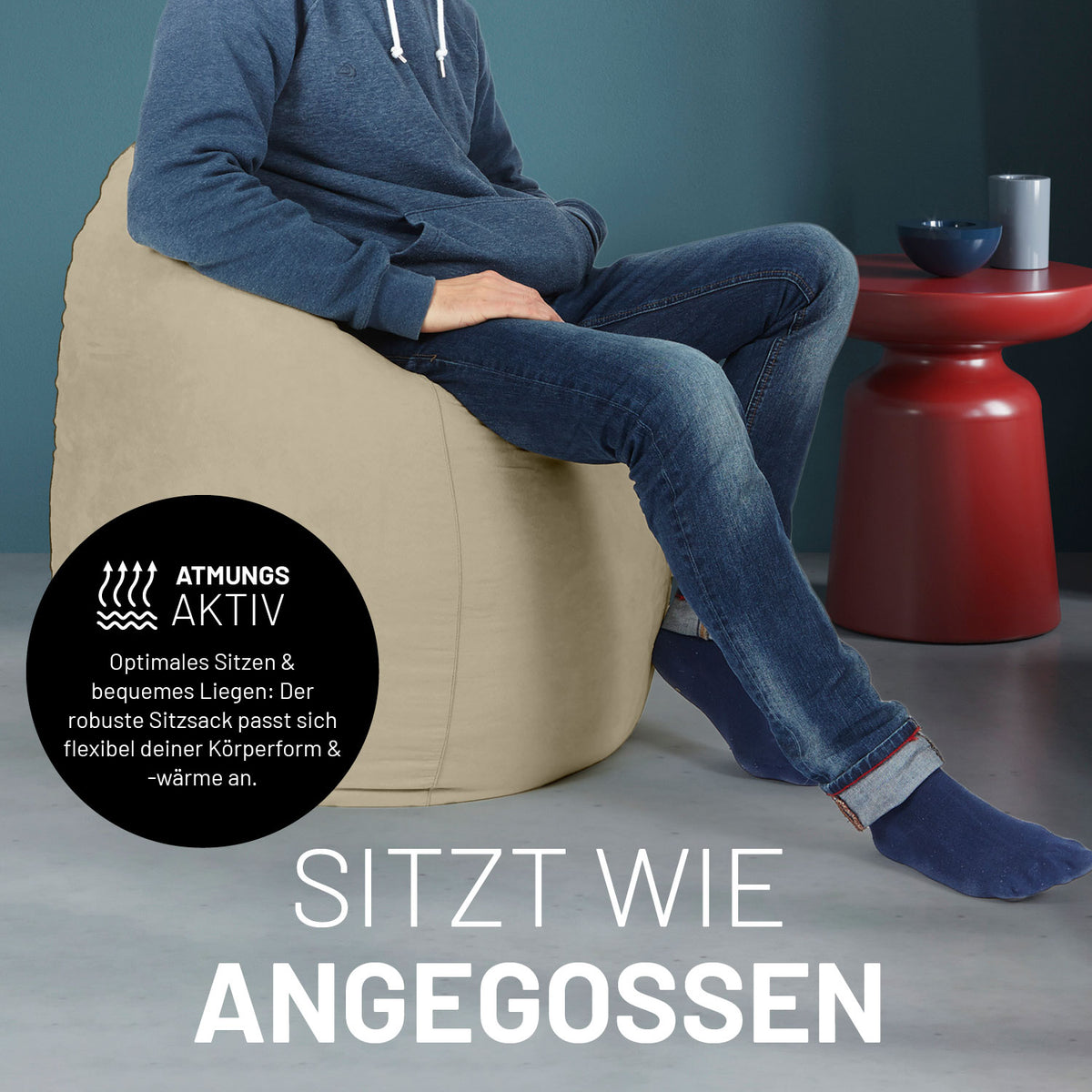 Luxury XL PLUS Sitzsack (220 L) beige, anpassungsfähig und atmungsaktiv für optimales Sitzgefühl und Komfort im Innenbereich.