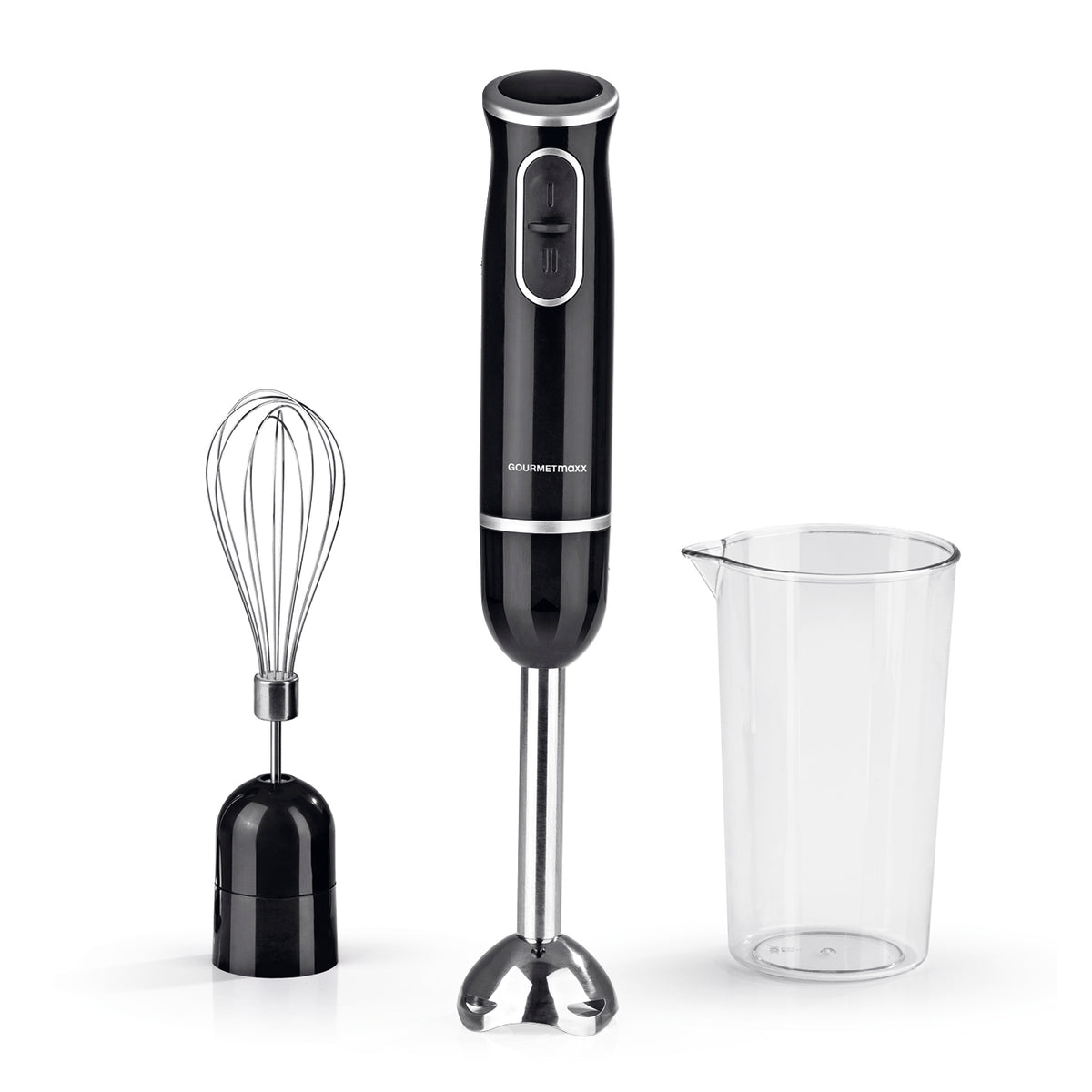 Stabmixer inkl. Rühraufsatz und Messbecher - schwarz/chrom mit Edelstahlklinge und 600-ml-Behälter für vielseitiges Mixen und Pürieren