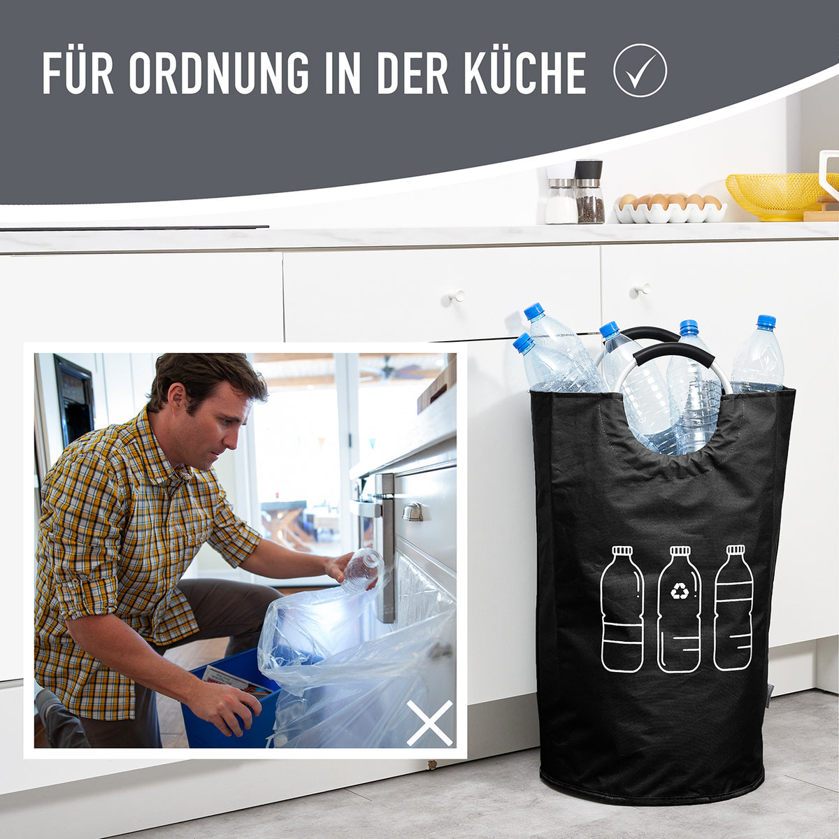 Faltbarer Pfandflaschen Sammelbehälter - Grau, wasserabweisend, 82L Volumen, mit Henkel für einfaches Transportieren und platzsparendes Verstauen.