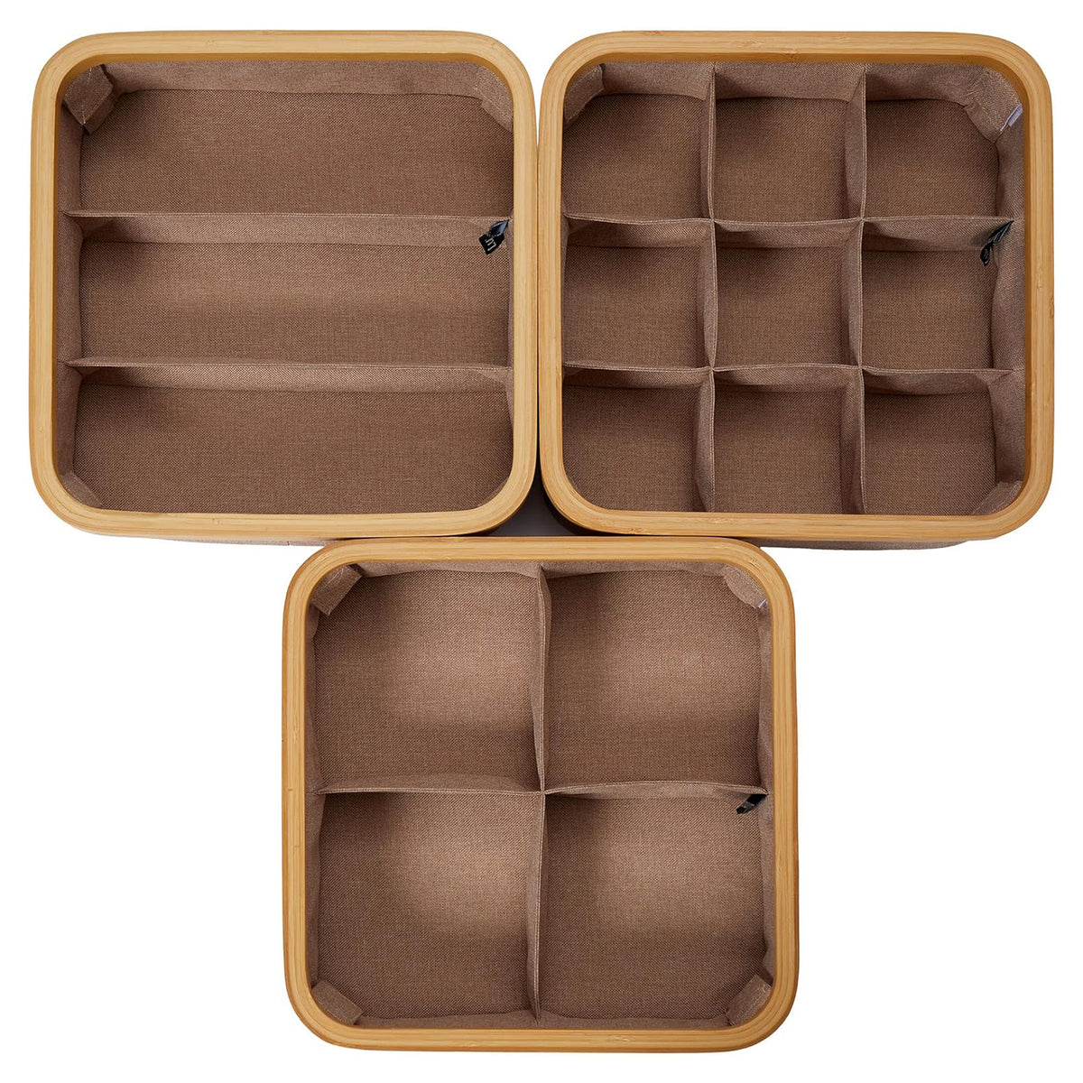 Organizer mit Bambus-Rahmen - 3er-Set in Taupe mit 3, 4 und 9 Fächern, faltbar und praktisch für vielseitige Aufbewahrung.
