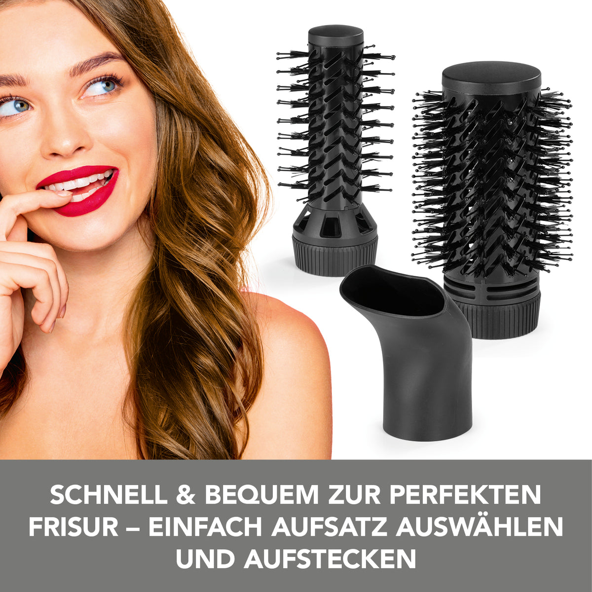 Stylingbürste - 3 Aufsätze - anthrazit/rosegold mit 2 drehbaren Styling-Aufsätzen und Trockner-Aufsatz für verschiedene Frisuren.