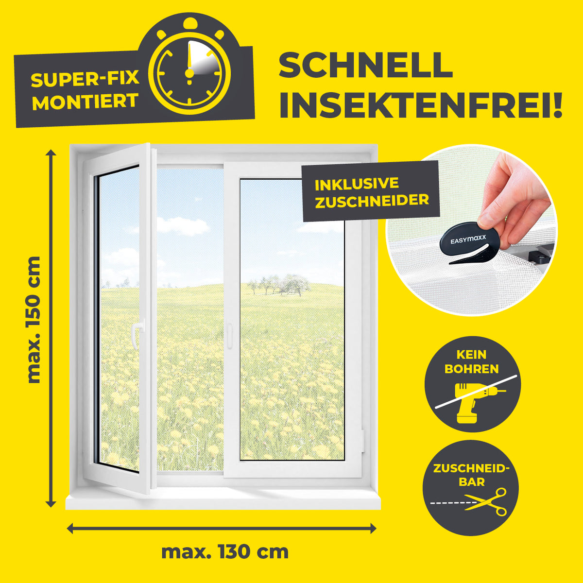 Moskitonetz für Fenster mit selbstklebendem Klettband 130x150 cm Weiß, einfache Montage ohne Bohren, inklusive Zuschneider.