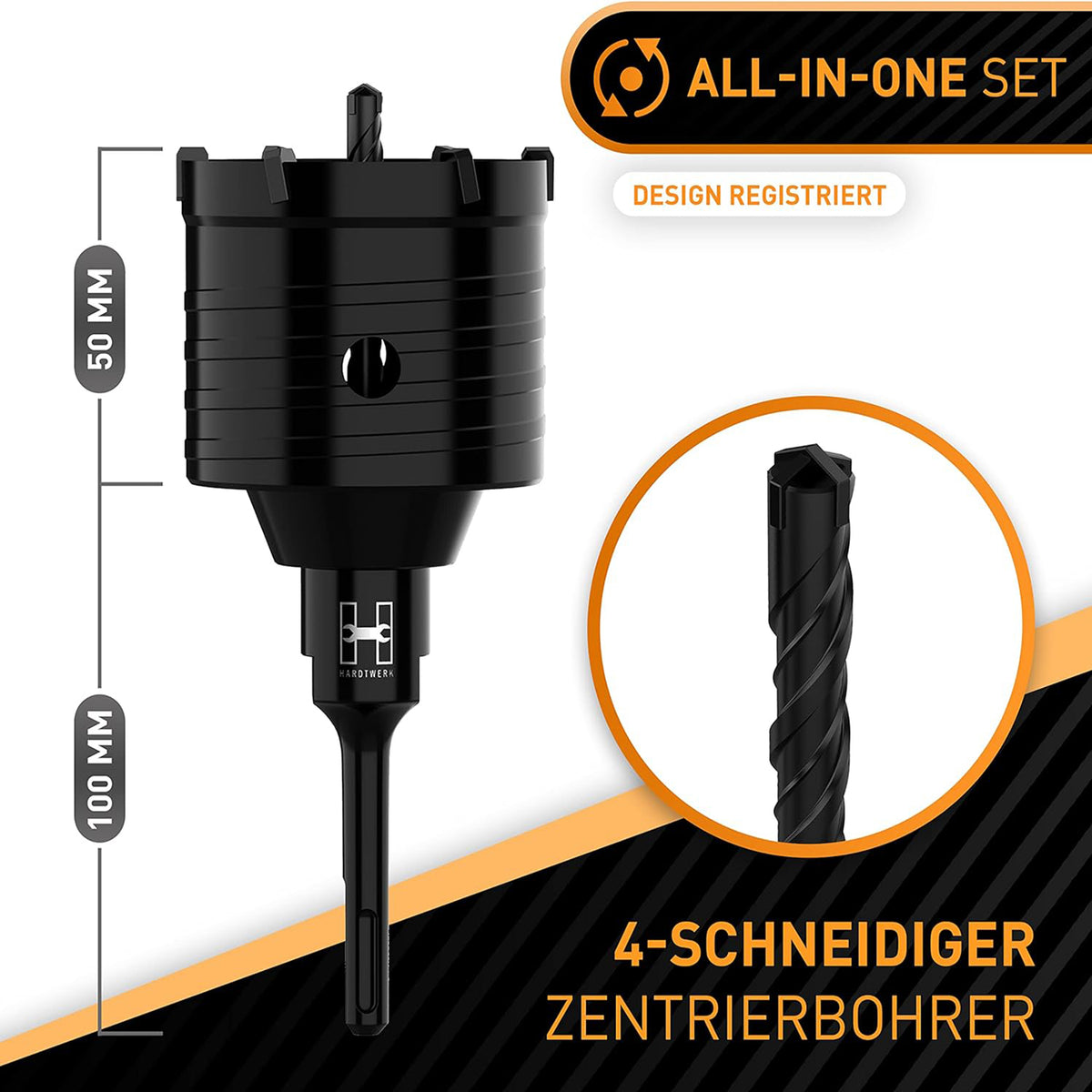 Kronenbohrer - 82mm + SDS-Plus-Adapter mit 6 XXL Karbidzähnen und 4-schneidigem Zentrierbohrer für vielseitige Baustellenanwendungen.