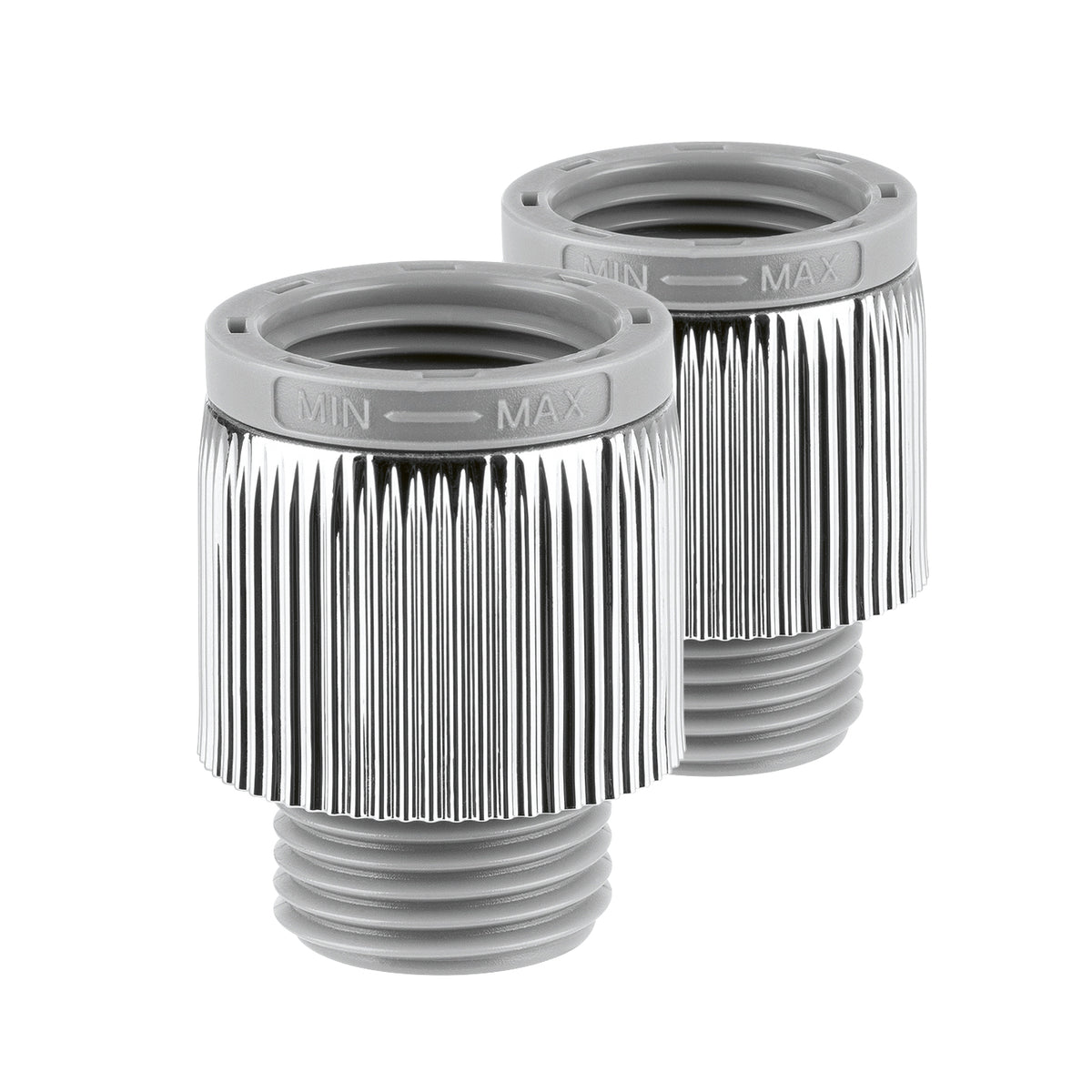Einstellbarer Wassersparer für die Dusche - chromfarben - 2er-Set mit stufenlos regulierbarem Wasserdurchlauf und riffeliger Oberfläche.