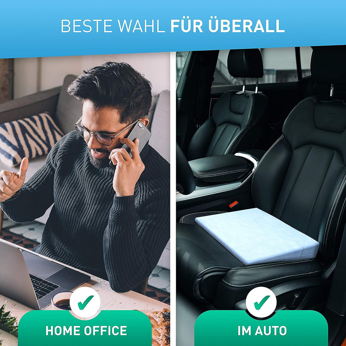 Stuhl-Keilkissen mit Samtbezug - Blau auf Bürostuhl im Homeoffice und Autositz für mehr Komfort und rutschfeste Nutzung.