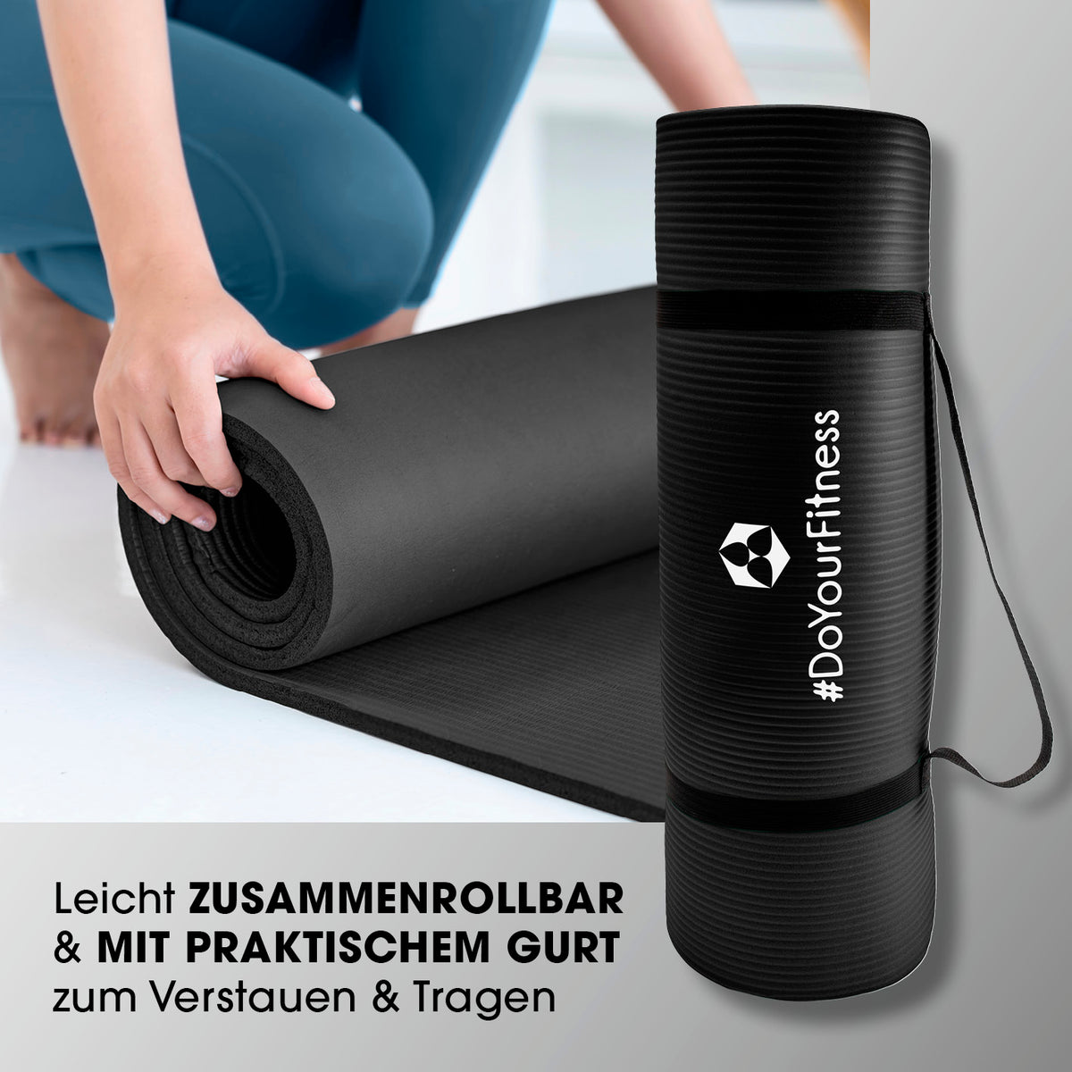 Fitness- und Gymnastikmatte - 183 x 61 x 1 cm - Schwarz, rutschfest, leicht zusammenrollbar mit praktischem Tragegurt von DoYourFitness.
