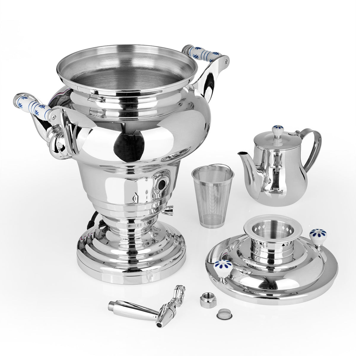 Samowar Royal III - 15l Edelstahl mit Ablasshahn, Teekanne und XL Fassungsvermögen für professionelle Teezubereitung.