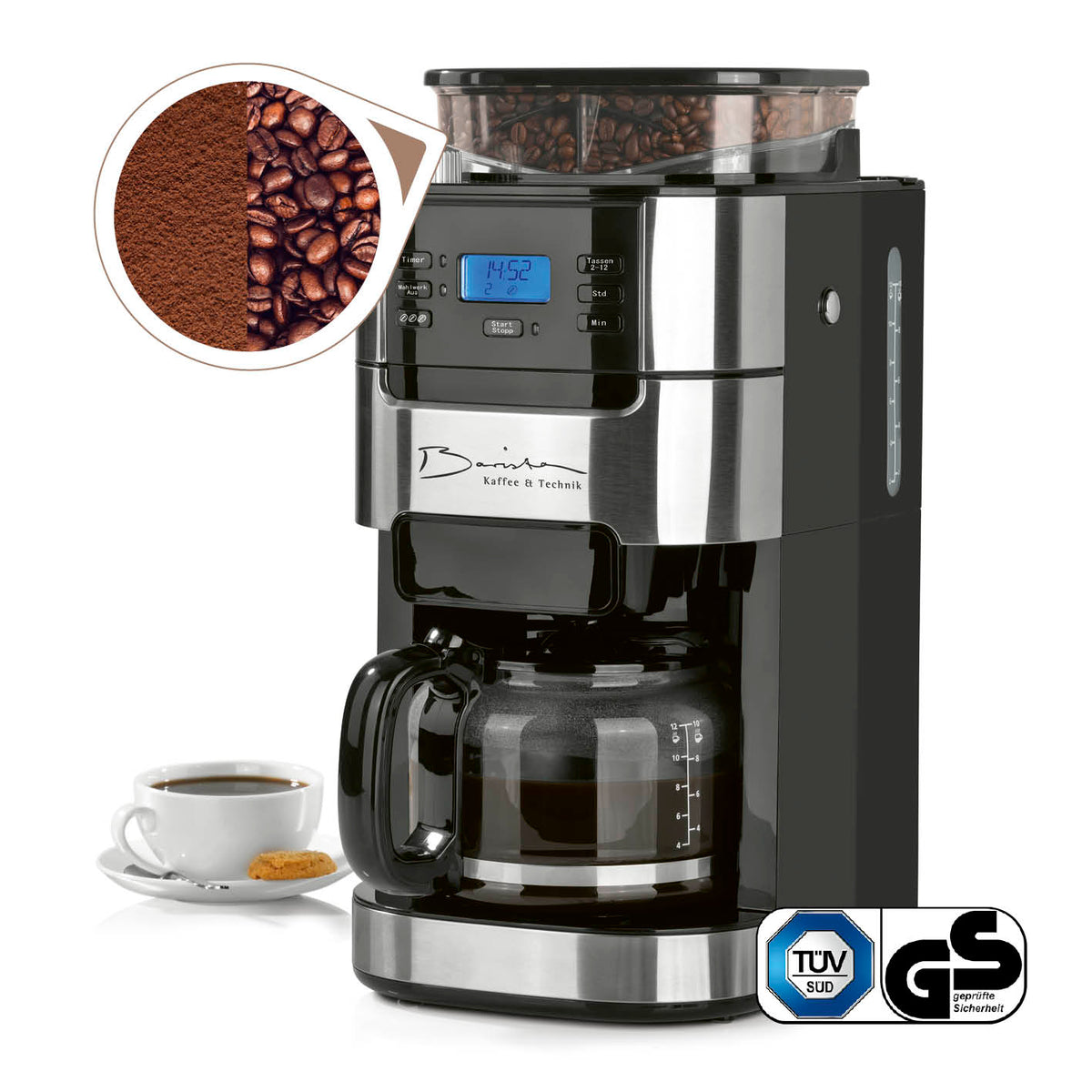 Kaffeemaschine mit Mahlwerk, digitale Bedienung, 24-Stunden-Timer, Glaskanne für 12 Tassen, permanenter Filter, frisch gemahlener Kaffee.