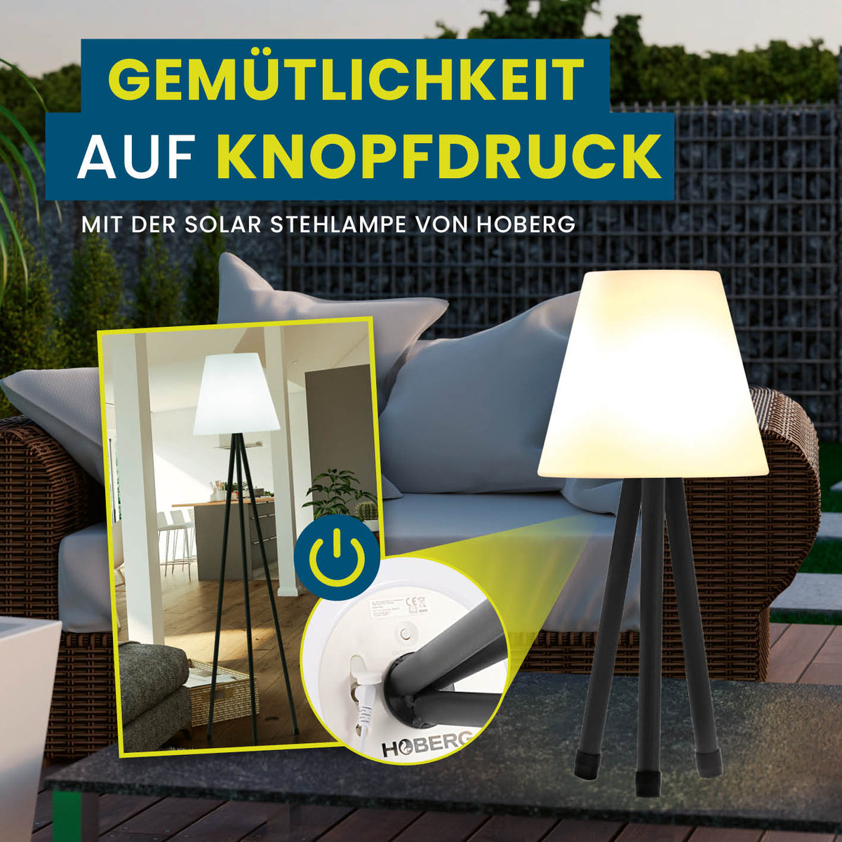 Solar-Stehlampe mit kabellosem Betrieb, warmweißem LED-Licht, zeitlosem Design und praktischer Bedienung für Innen- und Außenbereich.