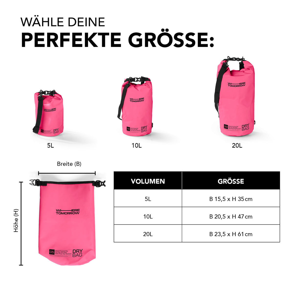 Dry Bag 20L - Style 01 - Pink, robuster, wasserdichter Outdoor-Rucksack mit UV-Schutz und verstellbarem Schultergurt.