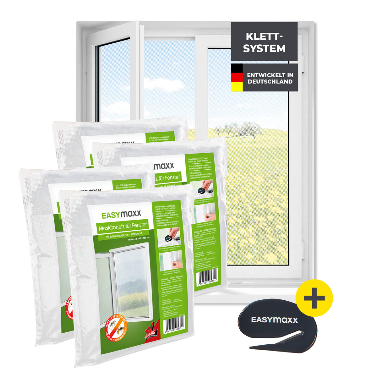 Moskitonetz für Fenster mit selbstklebendem Klettband 4er-Set 130x150 cm Weiß, einfacher Insektenschutz ohne Bohren oder Schrauben.