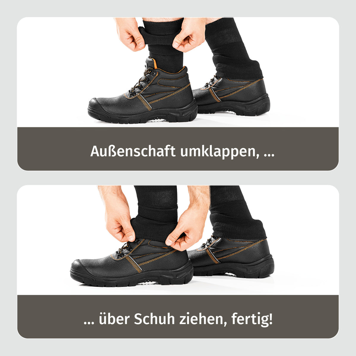 Funktions-Socke mit Doppelschaft - 2er-Set - Größe 36-39 zeigt das Umschlagen des Außenschafts und das Überziehen über Schuhe.