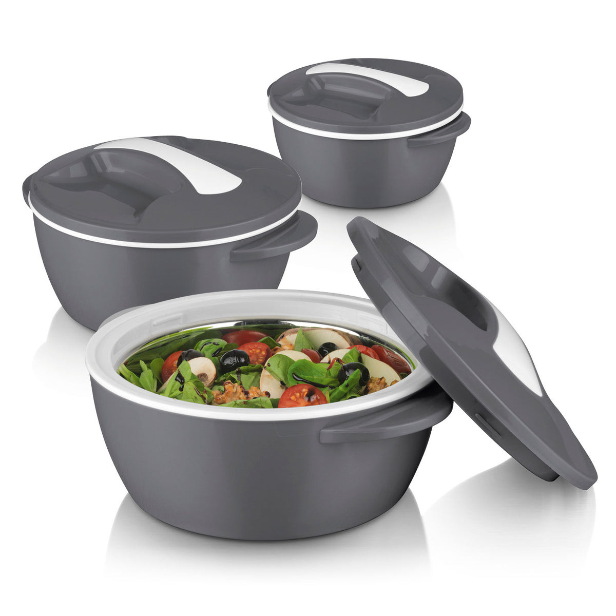 Thermo-Schüssel Mikrowelle 3er-Set grau/weiß mit Edelstahleinsatz, doppelwandig, zum Warmhalten, Kühlen und Servieren von Speisen.