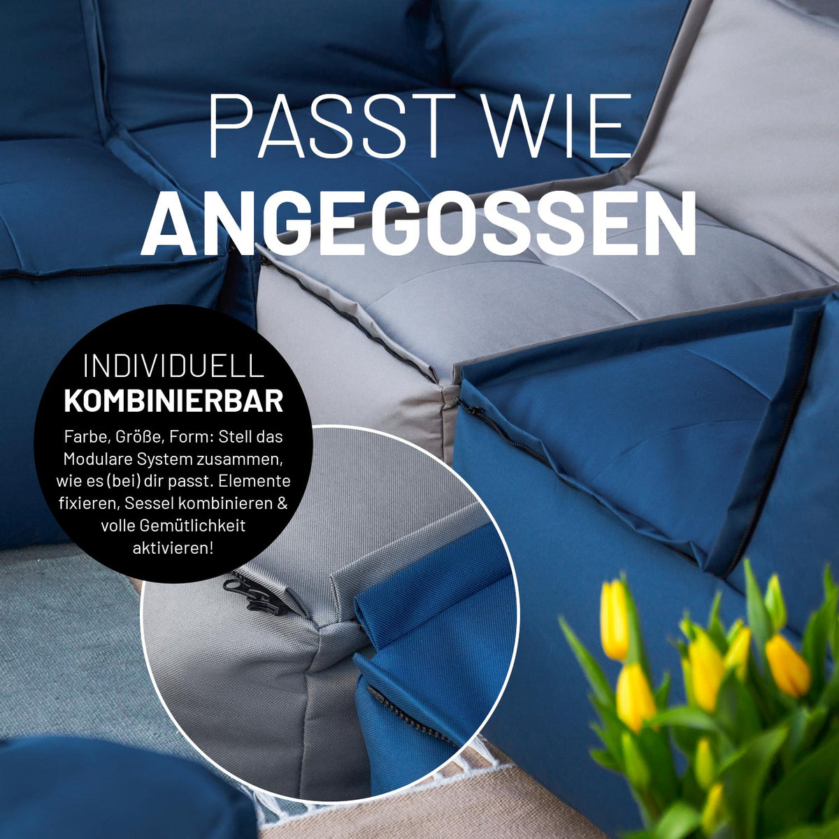 Sitzsack-Sofa Sessel (400 L) - Modulares System - indoor & outdoor - Navyblau mit flexiblem, kombinierbarem Design und extra robusten Nähten.