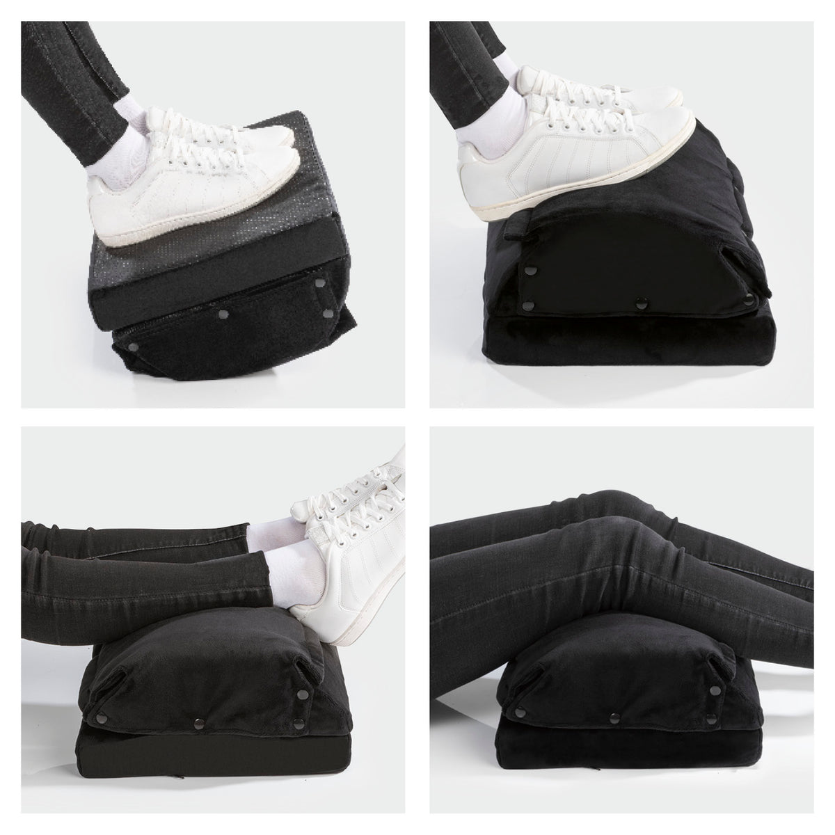 2-in-1-Fußstütze – Fußablage mit abnehmbarer Flauschfaser-Fußtasche und Antirutschbeschichtung für bequeme Sitz- und Liegeposition.