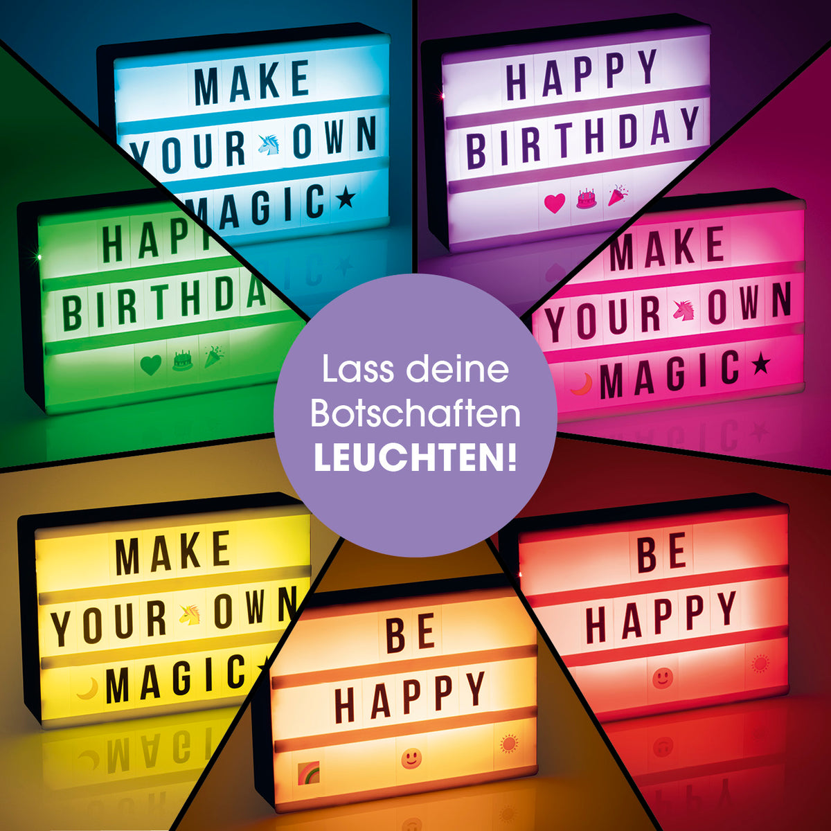 LED-Leuchtkasten A5 - 173 Buchstaben & 150 Emojis mit Farbwechsel und Timerfunktion für individuelle Textbotschaften und Deko.