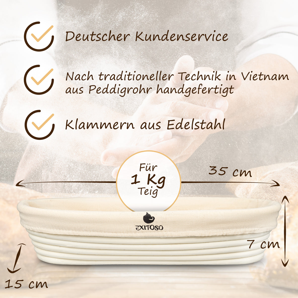Gärkörbchen zum Brotbacken - Ø 35 cm aus handgefertigtem Peddigrohr, inkl. Leineneinsatz, für 1 kg Teig, 35 cm Durchmesser.