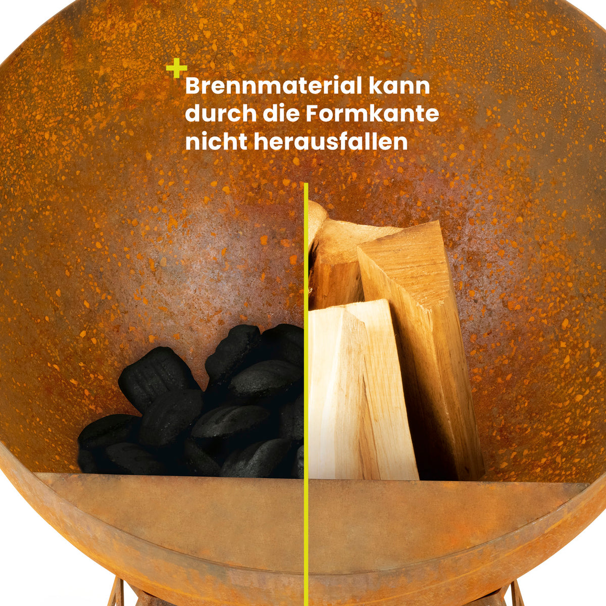 Feuerschale in Rost-Patina - Ø 58 cm mit halbkugelförmiger Schale, robustem Stahl und schützender Formkante für sicheres Brennmaterial.