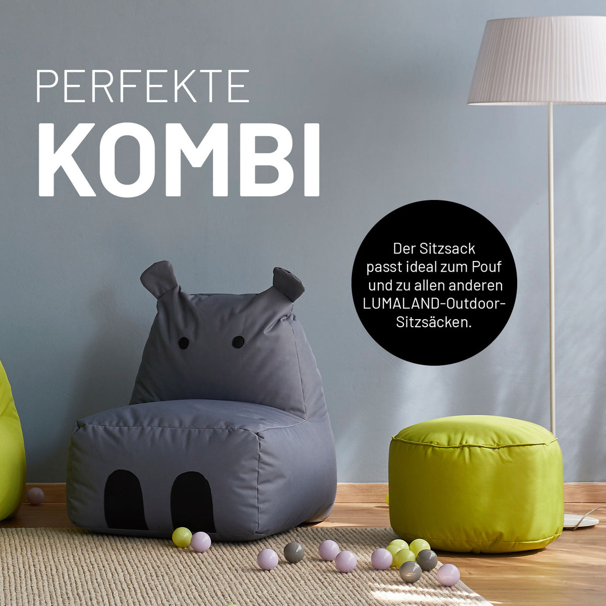 Kindersitzsack Animal Line Hippo (200 L) in Stahlgrau, indoor & outdoor, wasserabweisend, robust und kuschelig, ideal für Kinderzimmer und Garten.