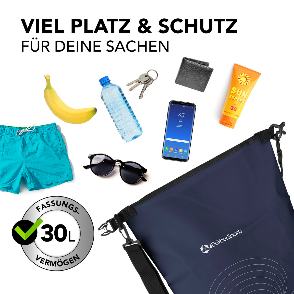 Dry Bag 30L - Dunkelblau mit 30L Fassungsvermögen, robust und wasserdicht, ideal für Outdoor-Abenteuer und Schutz deiner Wertsachen.