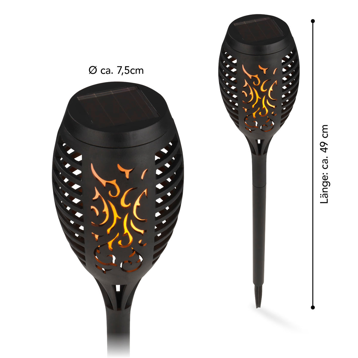 Solar-Fackel LED mit Erdspieß und Clip - 2er-Set, dekorative Solarleuchten mit Flammeneffekt und wetterbeständigem Design.