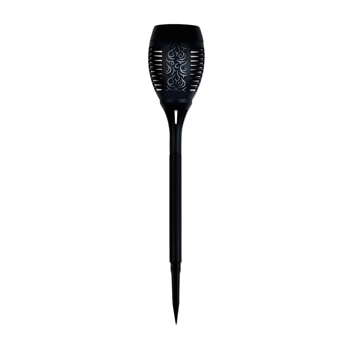 Solar-Fackel mit LED-Flammeneffekt - schwarz mit Tageslichtsensor und Erdspieß für einfache Platzierung im Garten.