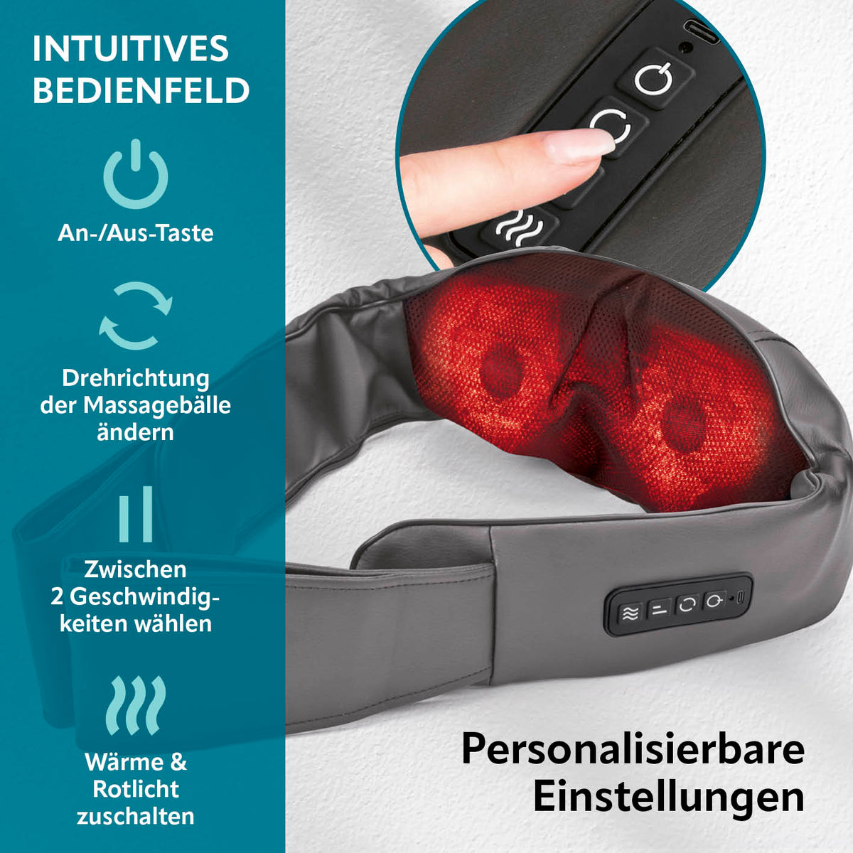 Shiatsu-Massagegerät mit intuitivem Bedienfeld, einstellbarer Drehrichtung, zwei Geschwindigkeiten sowie Wärme- und Rotlichtfunktion.