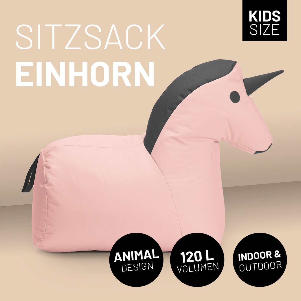 Kindersitzsack Animal Line Einhorn (120 L) – kuscheliger, wasserabweisender Sitzsack in Pastell Pink/Stahlgrau für drinnen und draußen.