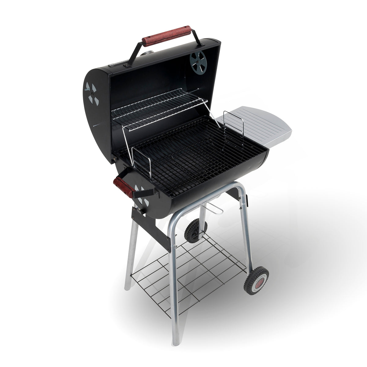 Holzkohle-Barrelgrill mit lackiertem Deckel, emailliertem 2-teiligen Grillrost, Warmhalterost und höhenverstellbarem Kohlerost.