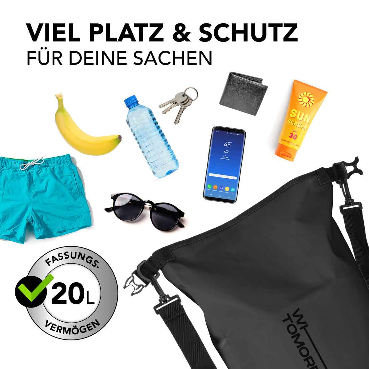 Dry Bag 20L - Style 02 - Schwarz, wasserdichter, robuster Rucksack mit 20L Fassungsvermögen für Outdoor-Abenteuer und sicheren Schutz.