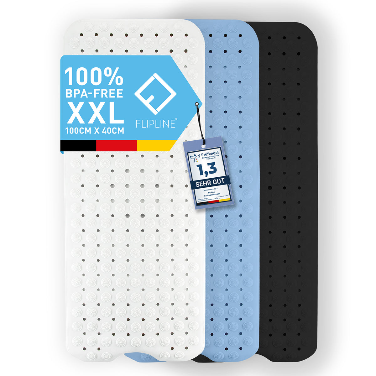 Badewannenmatte - Blau - 100 x 40 cm aus BPA-freiem TPE mit rutschfester Oberfläche und 200 Flex-Saugnoppen für sicheren Halt.