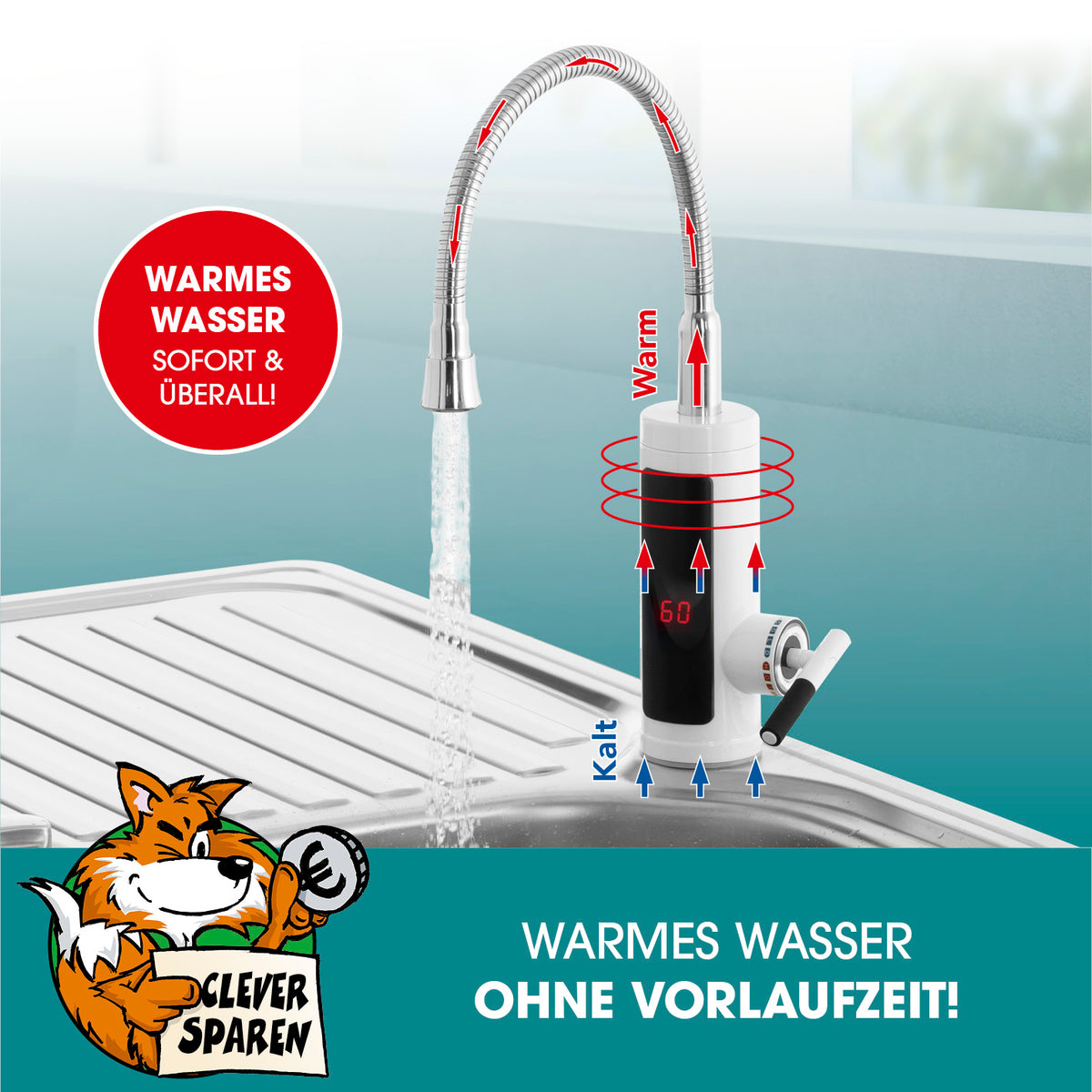 Warm- & Kaltwasserarmatur mit Durchlauferhitzer, digitaler LED-Temperaturanzeige, sofort warmes Wasser bis 60 °C ohne Vorheizen.