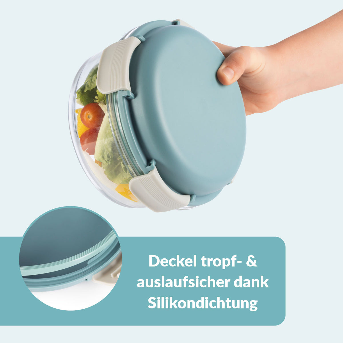 Glas-Lunchbox Klick-it mit integriertem Kühlakku 950 ml grau/grün, tropf- und auslaufsicherer Deckel mit 4-fach-Klickverschluss.