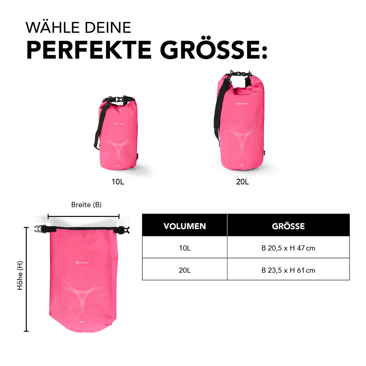 Dry Bag 10L - Pink wasserdichter, robuster Outdoor-Rucksack mit Rolltop-Verschluss und verstellbarem Schultergurt.