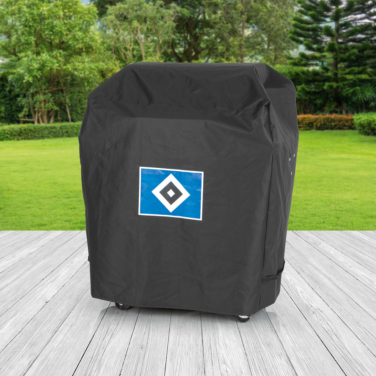 Wetterschutzhaube L - schwarz mit Logo aus robustem Polyester, wasserdicht, atmungsaktiv und kältebeständig bis -20 Grad.