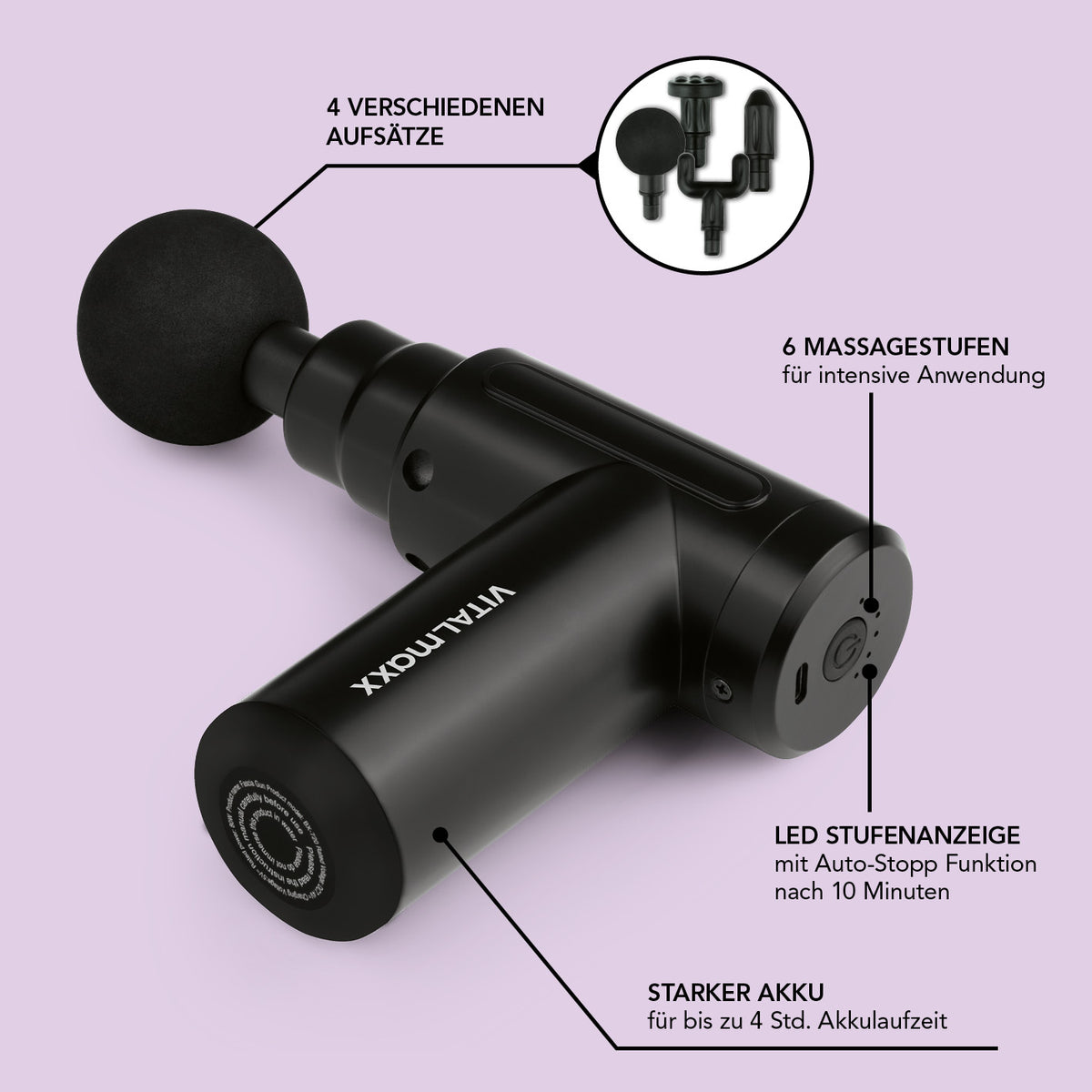 Massage Gun - 4 verschiedene Aufsätze - schwarz mit 6 Massagestufen, LED-Anzeige und starkem Akku für bis zu 4 Std. Nutzung.