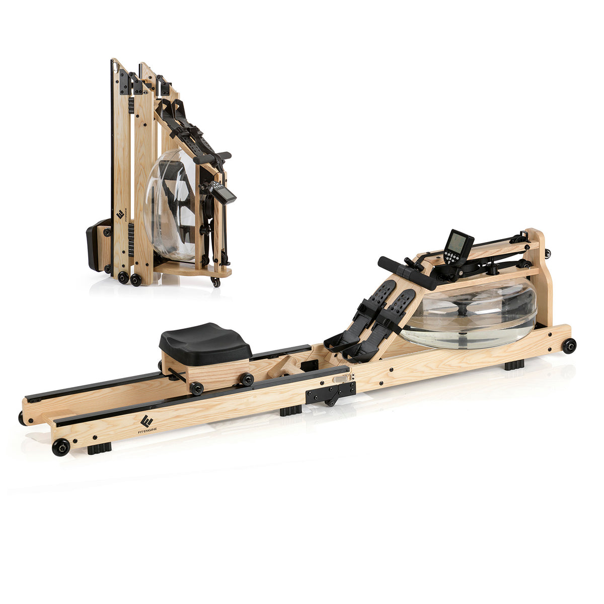 Rudergerät klappbar - regulierbarer Wasserwiderstand mit ergonomischem Sitz, höhenverstellbaren Fußauflagen und Trainingsmonitor.