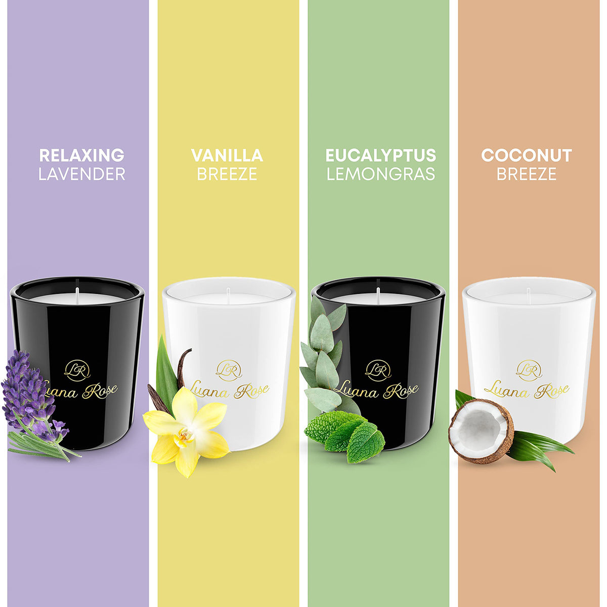 Duftkerzen Geschenkset - 4er-Set mit Lavendel, Eucalyptus Lemongras, Vanille & Kokosnuss aus 100% Sojawachs in edlen Gläsern.