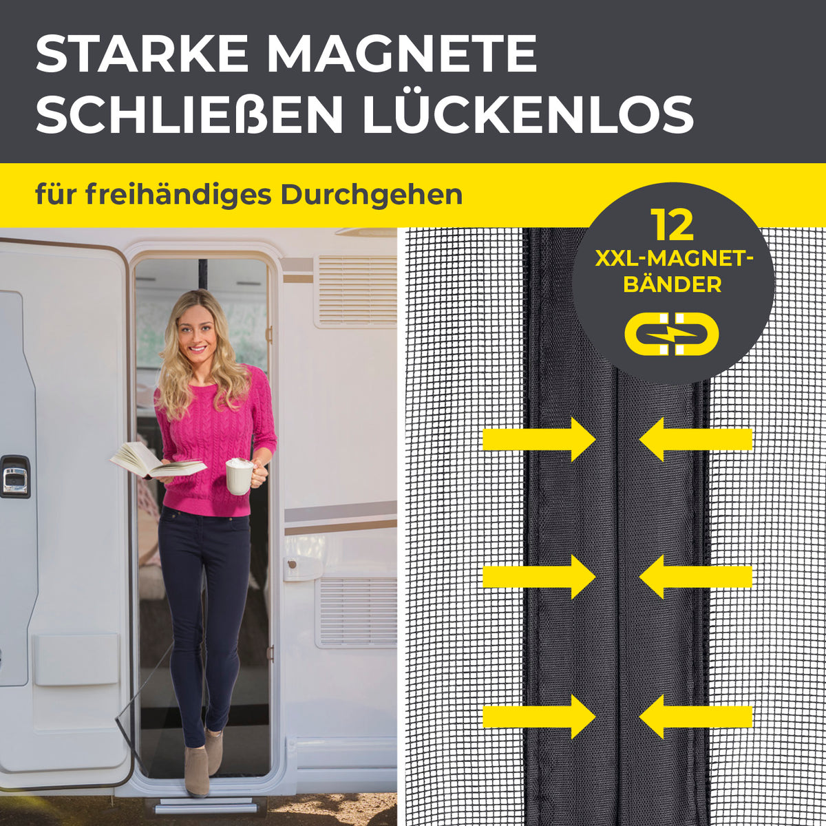 Insektenschutzvorhang für Wohnwagen - 60 x 180 cm mit starken Magneten für lückenlosen Schutz und freihändiges Durchgehen.